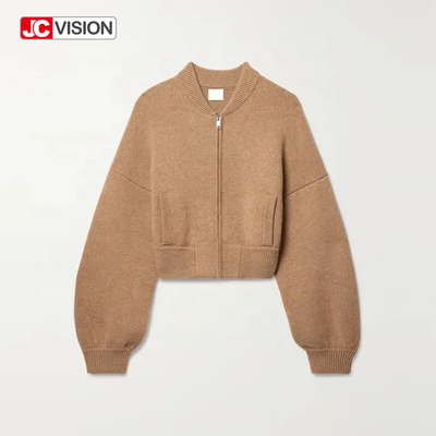 JCVISION 가을 겨울 브라운 V-Neck 긴袖 지퍼 여성