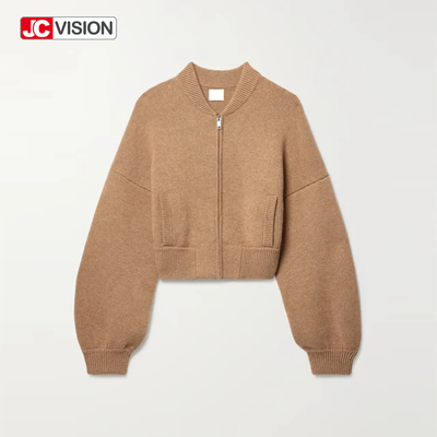 JCVISION 가을 겨울 브라운 V-Neck 긴袖 지퍼 여성