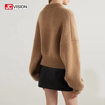 JCVISION 가을 겨울 브라운 V-Neck 긴袖 지퍼 여성