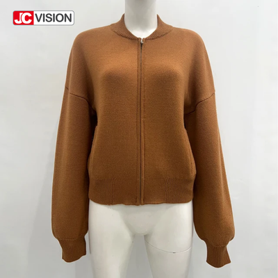 JCVISION 가을 겨울 브라운 V-Neck 긴袖 지퍼 여성